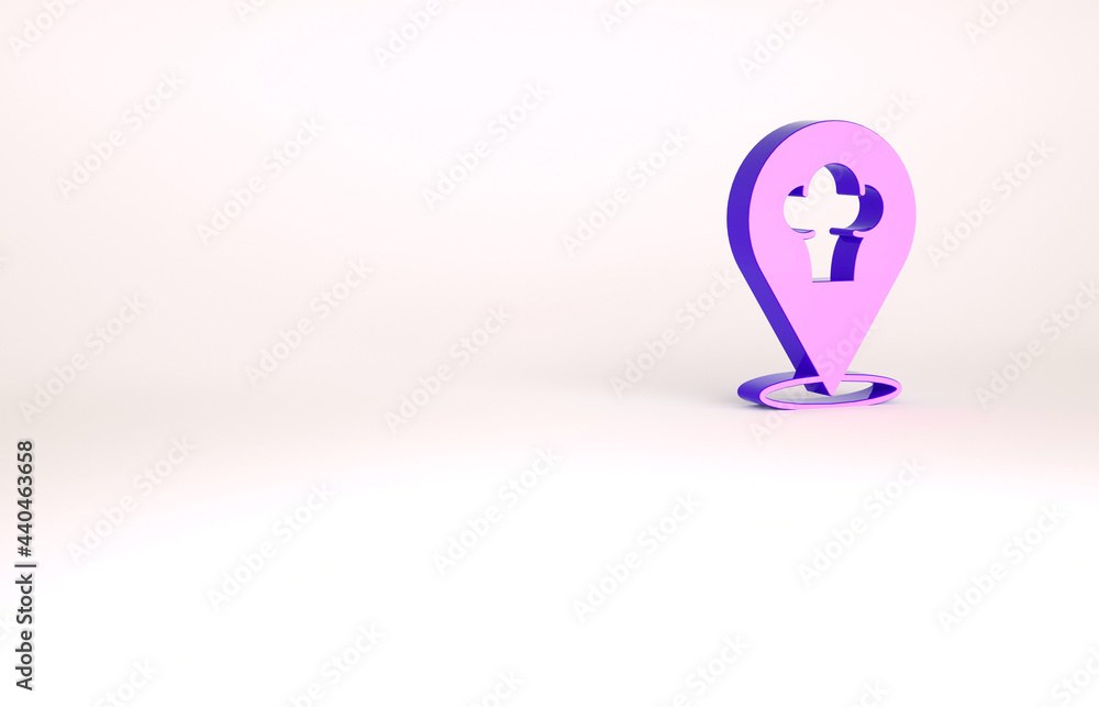 Purple Chef hat with location icon isolated on white background. Cooking symbol. Cooks hat. Minimalism concept. 3d illustration 3D render Purple Chef hat with location icon isolated on white background. Cooking symbol. Cooks hat. Minimalism concept. 3d illustration 3D render