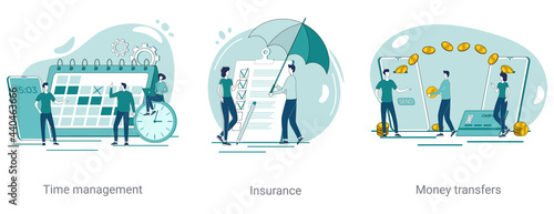 Time management,insurance, cash payments.A set of vector illustrations on a business theme.Abstract illustrations in green color.