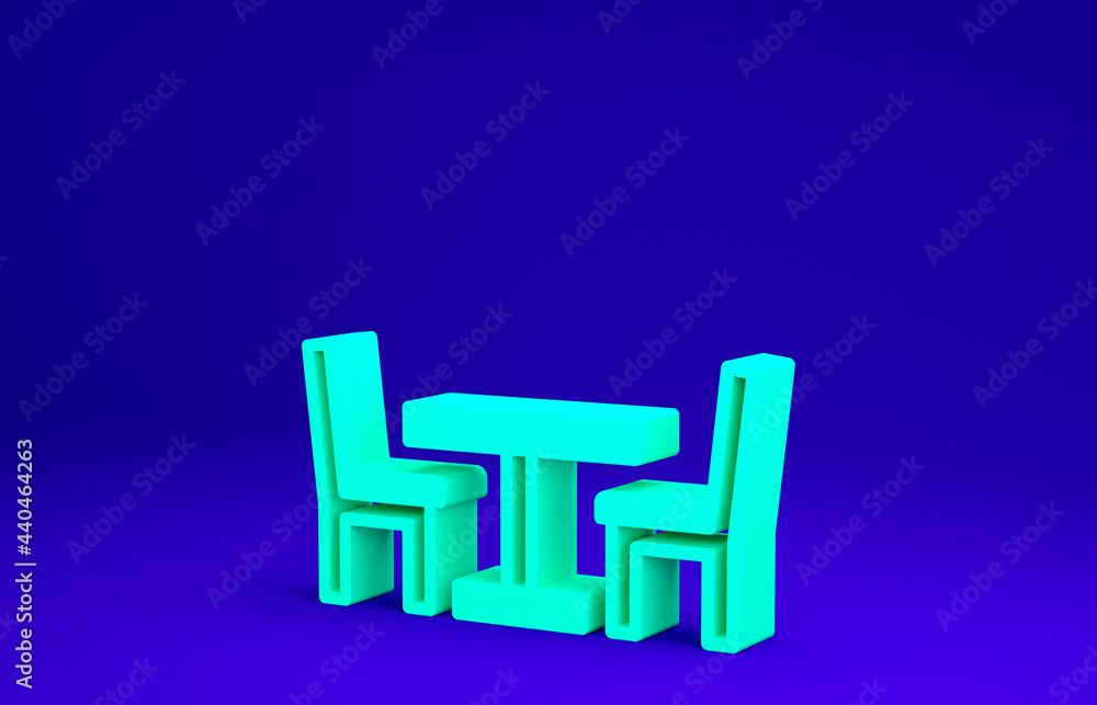 Green Wooden table with chair icon isolated on blue background. Street cafe. Minimalism concept. 3d illustration 3D render Green Wooden table with chair icon isolated on blue background. Street cafe. Minimalism concept. 3d illustration 3D render