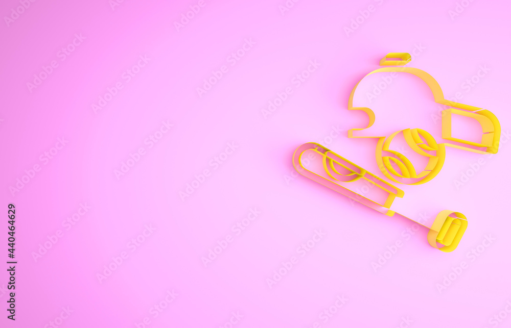 Yellow Baseball bat with ball, hat icon isolated on pink background. Minimalism concept. 3d illustration 3D render Yellow Baseball bat with ball, hat icon isolated on pink background. Minimalism concept. 3d illustration 3D render