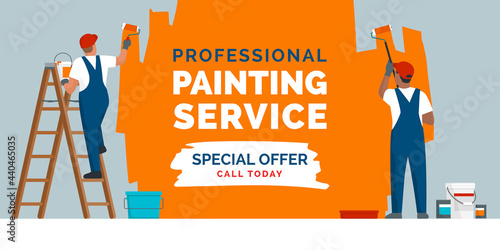 Professional painting service promotion and painters at work photo