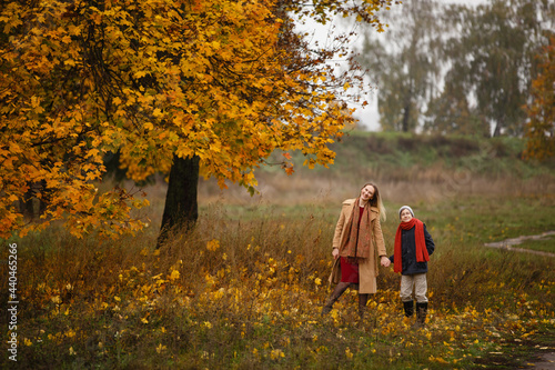 Family dressed up in autumn-style clothes (coats, orange scarves, hats) walk in autumn landscape. Alley covered with yellow foliage. Autumn walk outdoors. Mom and pre-teen son in autumn park