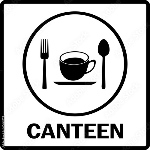 Canteen sign board. Tea cup with spoon and fork. Black on white background, Signs and symbols.