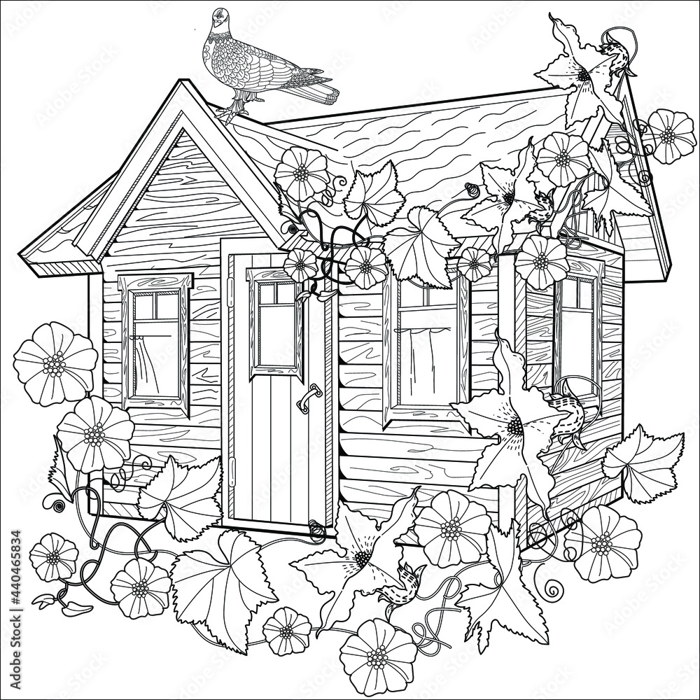 Nice house with flowers. Coloring book antistress for children and ...