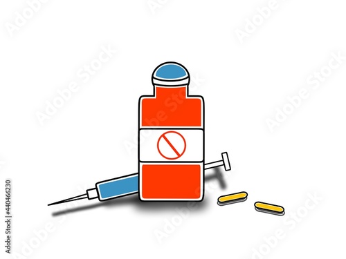 Medical equipment red bottle, injection, medicine, tablet illustration concept 2D art 