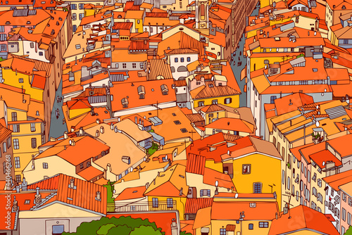 Red tiled roofs of Old Nice. France. Old town, street, house, roof, road, lane. Urban landscape. top view of the old town. Contour style. Linear art. Drawing a sketch. Vector.