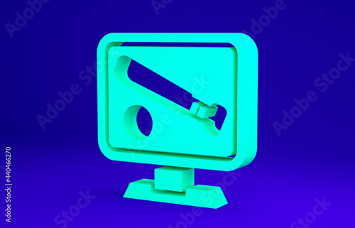 Photography Green Monitor with baseball ball and bat on the screen icon isolated on blue background