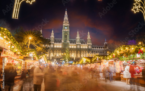 Christmas scene and lights decorations outdoors in the town market square in Vienna, in the winter holiday season