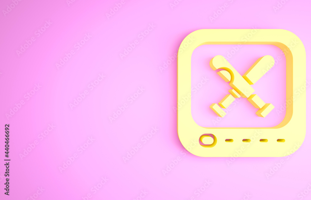 Yellow Monitor with baseball ball and bat on the screen icon isolated on pink background. Online baseball game. Minimalism concept. 3d illustration 3D render