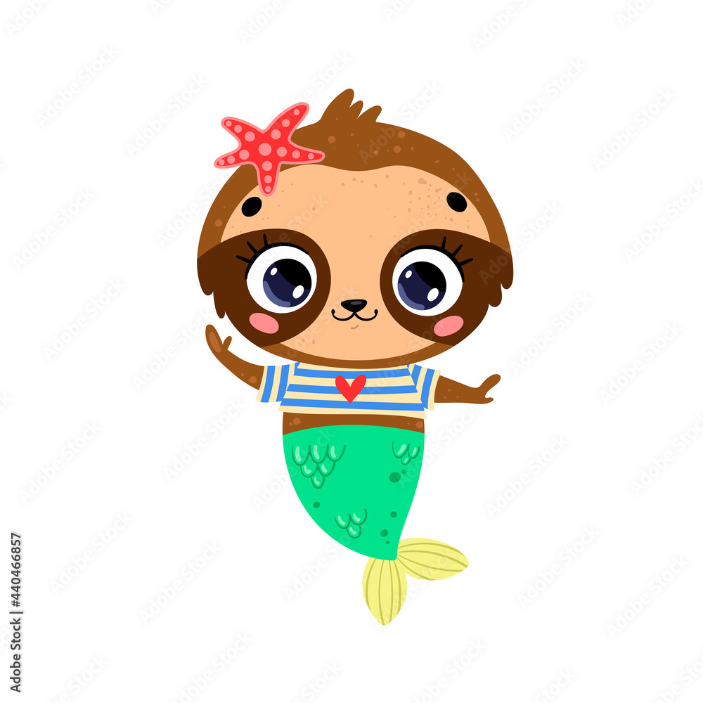 Flat vector illustration of cute cartoon sloth mermaid. Summer tropical animals Flat vector illustration of cute cartoon sloth mermaid. Summer tropical animals