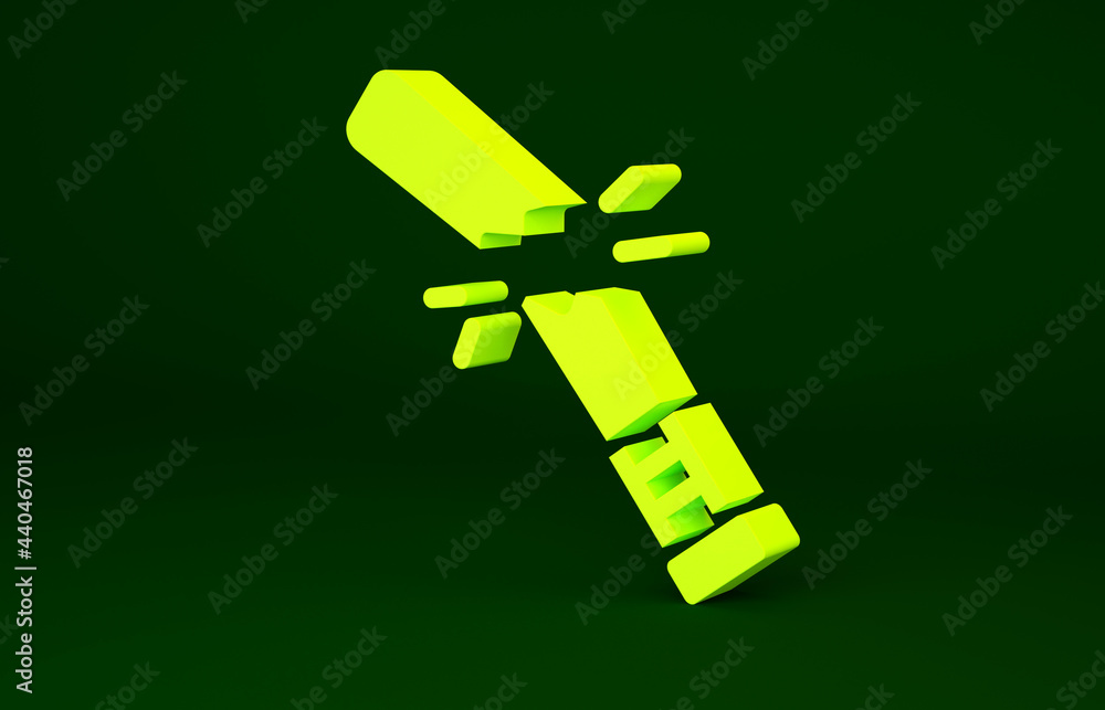 Yellow Broken baseball bat icon isolated on green background. Minimalism concept. 3d illustration 3D render Yellow Broken baseball bat icon isolated on green background. Minimalism concept. 3d illustration 3D render