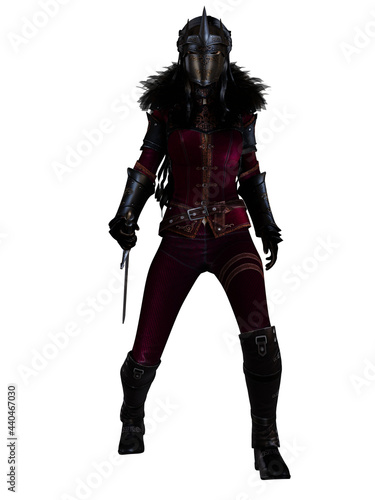 A 3d rendered fantasy female character with a red armor and a helmet isolated on a white background. 