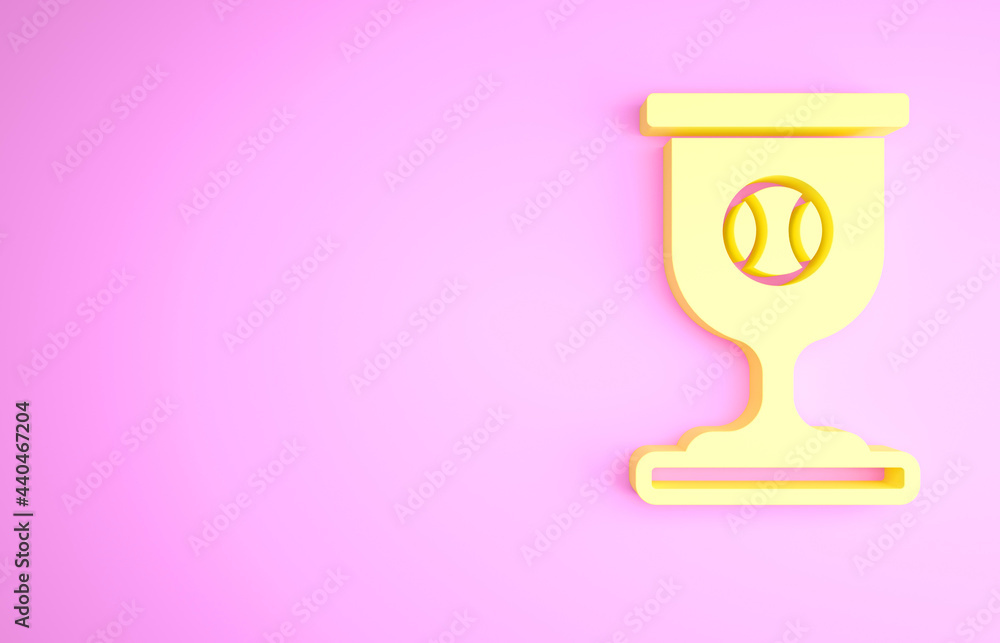 Yellow Award cup with baseball ball icon isolated on pink background. Winner trophy symbol. Championship or competition trophy. Sports achievement. Minimalism concept. 3d illustration 3D render Yellow Award cup with baseball ball icon isolated on pink background. Winner trophy symbol. Championship or competition trophy. Sports achievement. Minimalism concept. 3d illustration 3D render