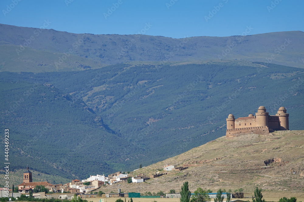 Panoramic view of the Granada town of La Calahorra (Spain) and its famous medieval castle on a hill