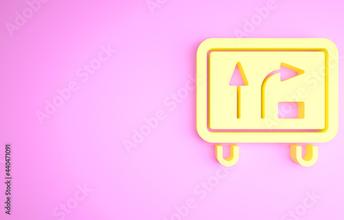 Yellow Road traffic sign. Signpost icon isolated on pink background. Pointer symbol. Isolated street information sign. Direction sign. Minimalism concept. 3d illustration 3D render © vector_v
