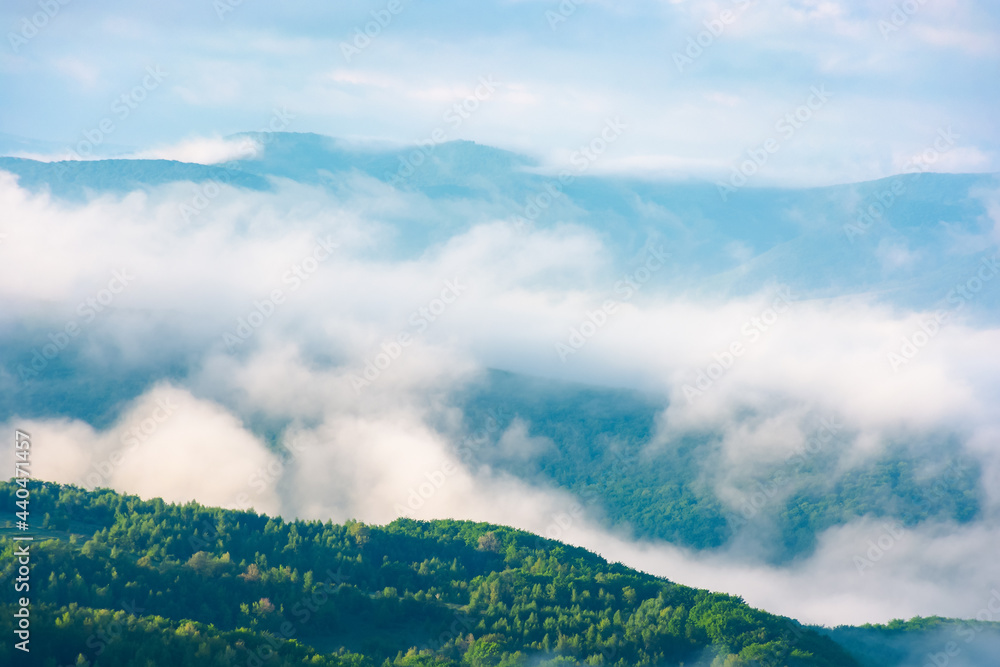 spring landscape on a misty morning. amazing mountain view in the distance. scenic outdoor scenery. beautiful nature environment background. clouds on the sky above horizon