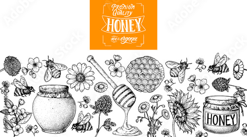 Honey hand drawn vector illustration. Healthy food illustration. Lettering Premium Quality Honey 100% Organic. Honeycomb, flowers, jar of honey sketch.