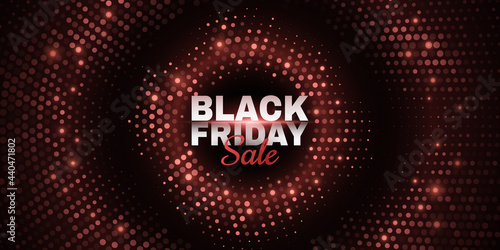 Abstract banner for Black Friday sale. Glittering dotted background. Fashion advertising promotion template. Commercial discount event. Vector business illustration.