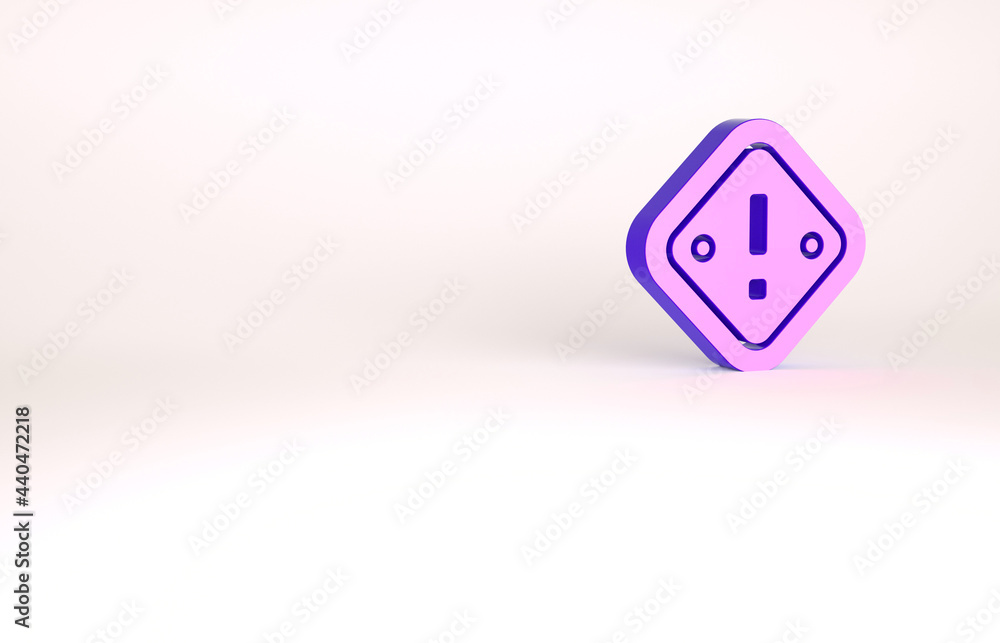 Purple Exclamation mark in triangle icon isolated on white background. Hazard warning sign, careful, attention, danger warning important sign. Minimalism concept. 3d illustration 3D render Purple Exclamation mark in triangle icon isolated on white background. Hazard warning sign, careful, attention, danger warning important sign. Minimalism concept. 3d illustration 3D render