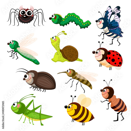 Cartoon insect set isolated on white background. Funny smiling bugs. Colorful beetles character collection. Cute garden animals. Symbol of nature, spring, summer. Stock vector illustration © kajani