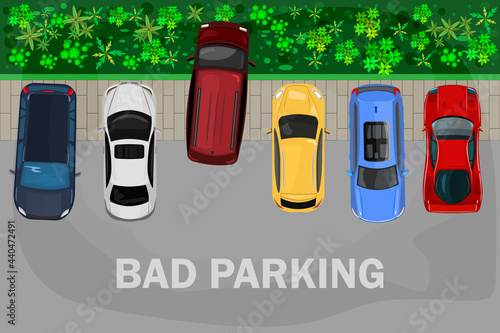 Bad parking. Vehicle parked inappropriate way on lawn pavement.Top view of car parked on the lawn with trees.Parking zone banner. Violation of traffic rules, parking on grass.Stock vector illustration