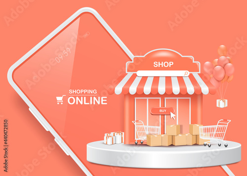 Gift boxes, parcel boxes, shopping carts, and shops and all object is on a smartphone for delivery and shopping online concept,vector 3d isolated on pastel pink background