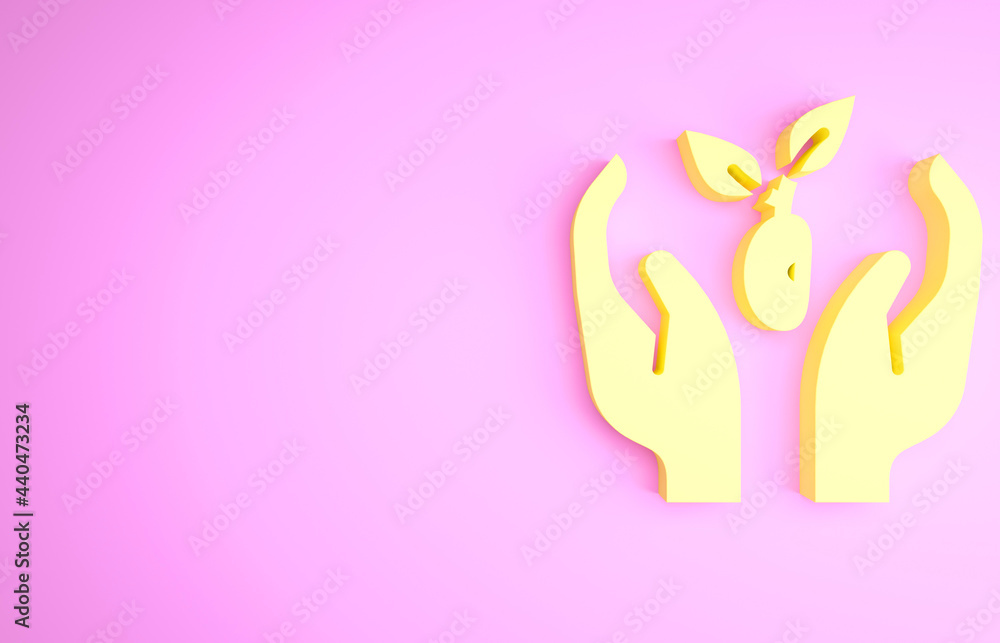 Yellow Plant in hand of environmental protection icon isolated on pink background. Seed and seedling. Planting sapling. Ecology concept. Minimalism concept. 3d illustration 3D render Yellow Plant in hand of environmental protection icon isolated on pink background. Seed and seedling. Planting sapling. Ecology concept. Minimalism concept. 3d illustration 3D render