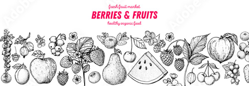 Berries and fruits drawing collection. Sketch style. Hand drawn vector illustration. Food design template with berry and fruit for packaging and more. Organic healthy food.