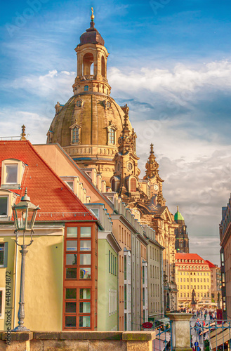 city view of Dresden, Germany with rebuild "Frauenkirche" - German for "church of our lady" in background