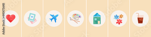 Highlight cover set, watercolour design icons for social media. Set of 7 Instagram Story Highlights Covers Icons. Fully editable vector file, isolated illustration. Modern backgrounds for design socia