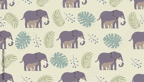 Elephants in tropical leaves seamless pattern. Illustration in flat style.