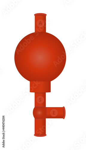 Vector scientific illustration of red rubber suction bulb, safety pipette filler, pipetting ball or peleus ball with three valves isolated on a white background. Laboratory equipment, chemistry. 