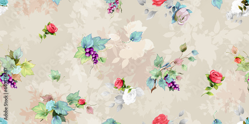 Wide vintage seamless background pattern on pastel. Beauty wild flowers, bunch of grape, peony and rose around. Abstract watercolor, hand drawn, vector - stock.