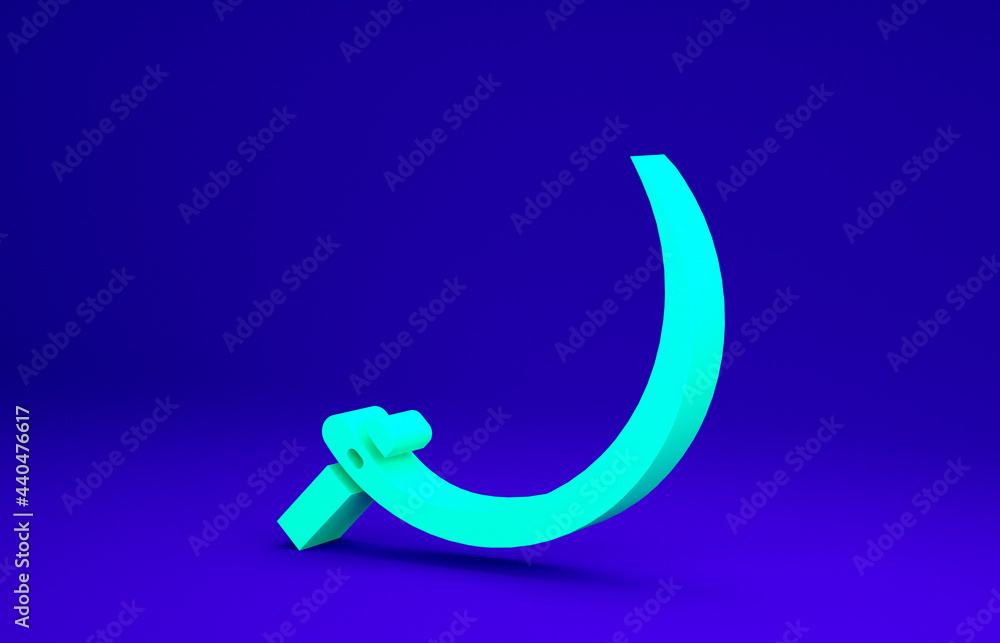 Green Sickle icon isolated on blue background. Reaping hook sign. Minimalism concept. 3d illustration 3D render Green Sickle icon isolated on blue background. Reaping hook sign. Minimalism concept. 3d illustration 3D render