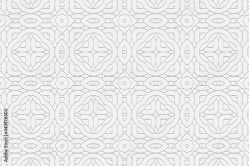3D volumetric convex embossed geometric white background. Ethnic pattern with original ornament in the style of stained glass. Islam, Arabic, Indian, Ottoman motives.