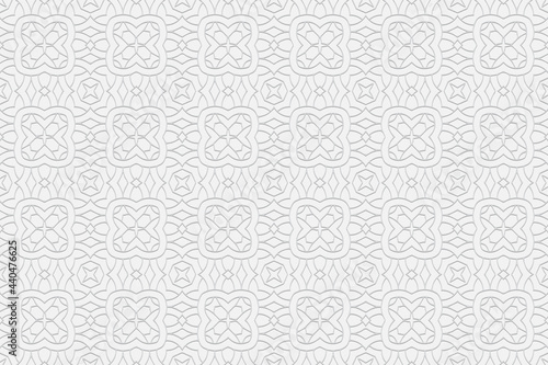 3D volumetric convex embossed geometric white background. Ethnic pattern with figured ornament in the style of stained glass. Islam, Arabic, Indian, Ottoman motives.