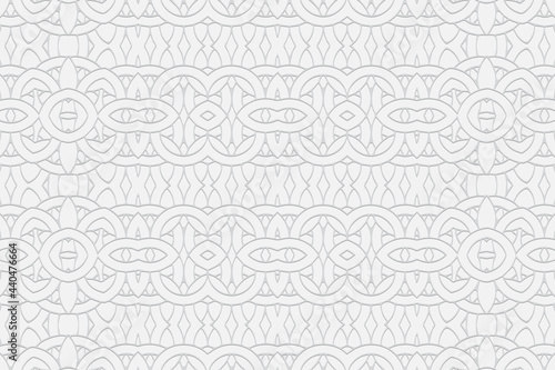 3D volumetric convex embossed geometric white background. Ethnic pattern with graceful beautiful ornament in the style of stained glass. Islam, Arabic, Indian, Ottoman motives.