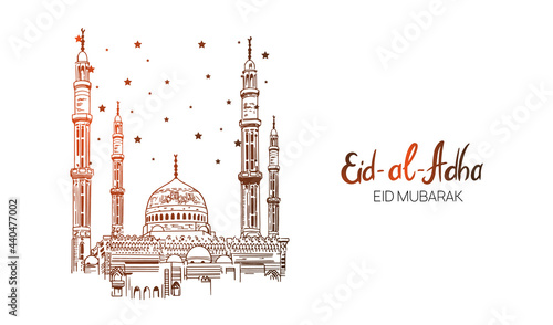 Hand Drawn Sketch of Islamic Mosque to Festive banners of Eid-al-Fitr. Vector illustration to holidays.