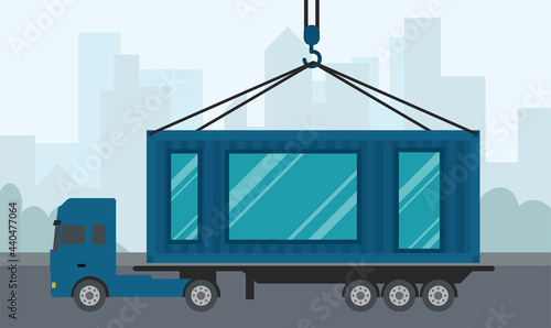 The truck transports the container, modern-day ready-made house, a metal container house, flat vector design
