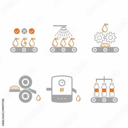 Juice manufacture process. Pear juice production process stages. Washing, sorting, crushing, pasteurization, packaging bottles with juice. Factory producing pear juice from pear flat illustration.