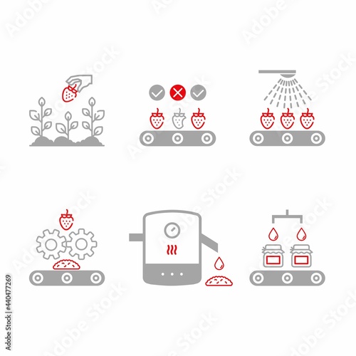Strawberry jam manufacture process. Strawberry jam production process stages. Factory producing strawberry jam flat illustration.