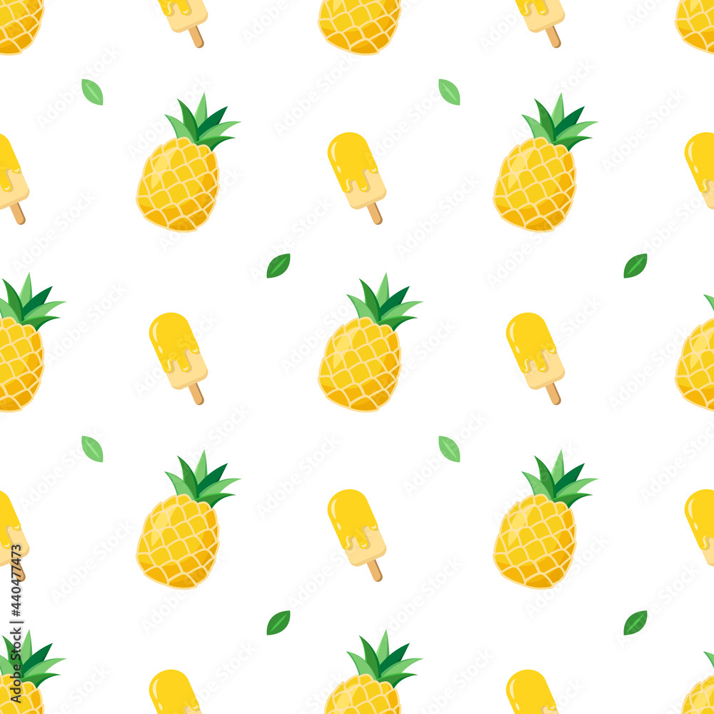 summer pineapple and ice cream seamless pattern. Seamless vector pattern with tropical fruit and pineapple flavored ice cream. Bright yellow colorful summer seamless pattern. summer pineapple and ice cream seamless pattern. Seamless vector pattern with tropical fruit and pineapple flavored ice cream. Bright yellow colorful summer seamless pattern.
