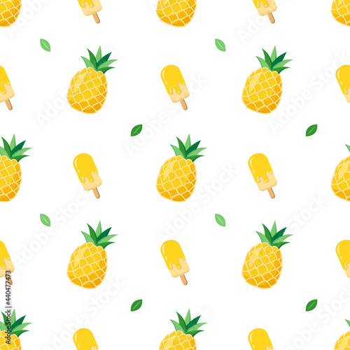 summer pineapple and ice cream seamless pattern. Seamless vector pattern with tropical fruit and pineapple flavored ice cream. Bright yellow colorful summer seamless pattern.