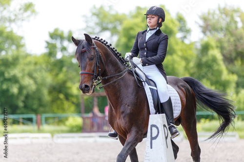 Young sportswoman riding horse on advanced dressage test during the equestrian competition © skumer