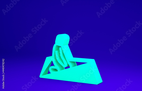 Green Muslim man prays on the carpet icon isolated on blue background. Minimalism concept. 3d illustration 3D render