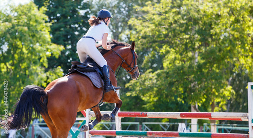 Young horse rider girl jumping over a barrier on show jumping course in equestrian sports competition