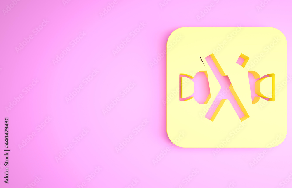 Yellow No sweets and candies prohibition icon isolated on pink background. No candy forbidden symbol. Minimalism concept. 3d illustration 3D render