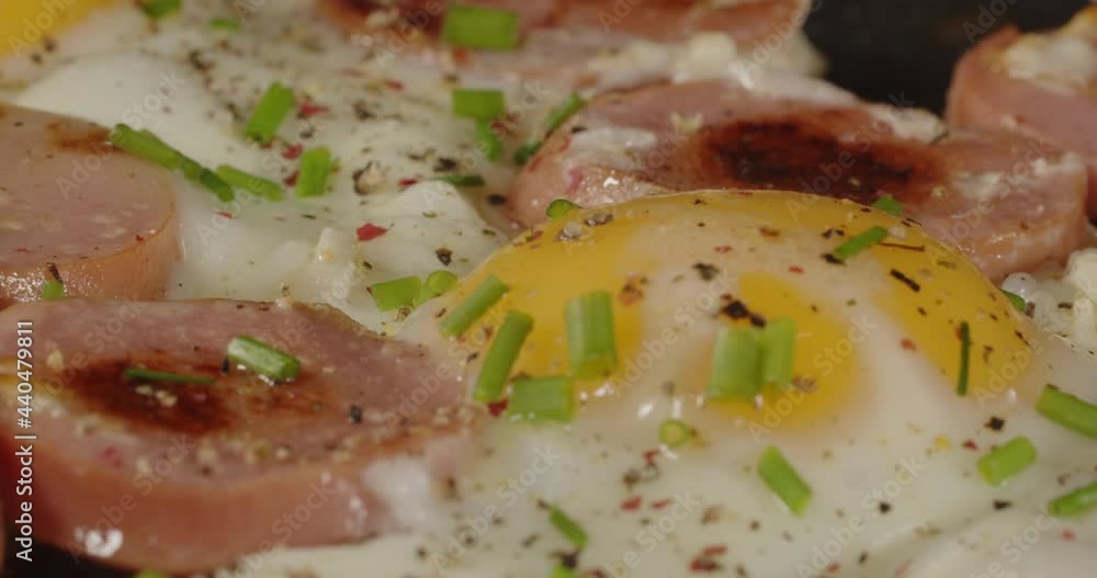 Breakfast breakfast Egg with sausage sprinkled with herbs and spices Breakfast breakfast Egg with sausage sprinkled with herbs and spices