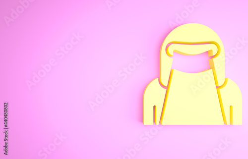 Yellow Muslim woman in niqab icon isolated on pink background. Minimalism concept. 3d illustration 3D render