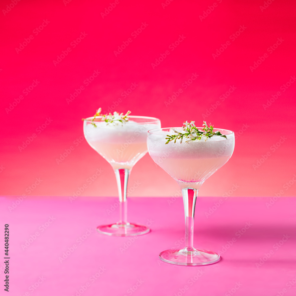 White gin cocktail with egg foam garnished with white flowers on pink background. Copy space. White gin cocktail with egg foam garnished with white flowers on pink background. Copy space.